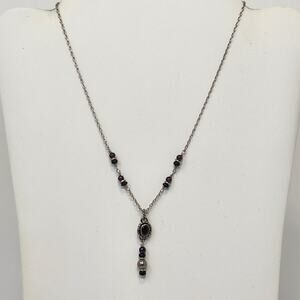 Red Crystal Silver Tone Metal Bead Y Drop Chain Necklace Artisan Handmade